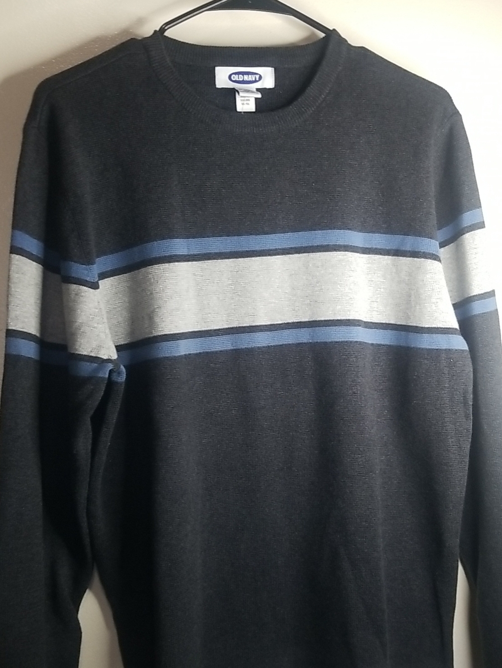 Old Navy Black Crewneck Sweater with Gray and Blue Stripes